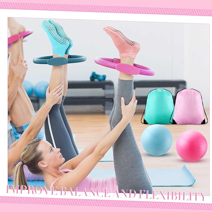 Poen Home Pilates Kit for Women Pilates Equipment Ring and Ball Set with Stretching Strap 8 Resistance Bands Non Slip Socks Gym Back Bags Exercise Equipment for Workout