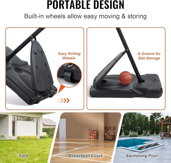 VEVOR Basketball Hoop/Rim, Adjustable Height Portable Backboard Court, Basketball Goal, Mobile Stand with Wheels Weighted Base, Youth&Adults, Outdoor/Indoor