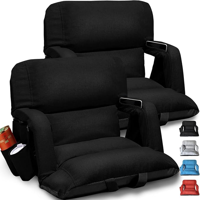 Extra Wide Stadium Seats With Back Support 2 Pack, Exclusive "Sofa Style" Design Thick Bleacher Chairs With Back and Cushion, 6 Reclining Positions - Ultimate Comfort for Sports Events (Black, 25")