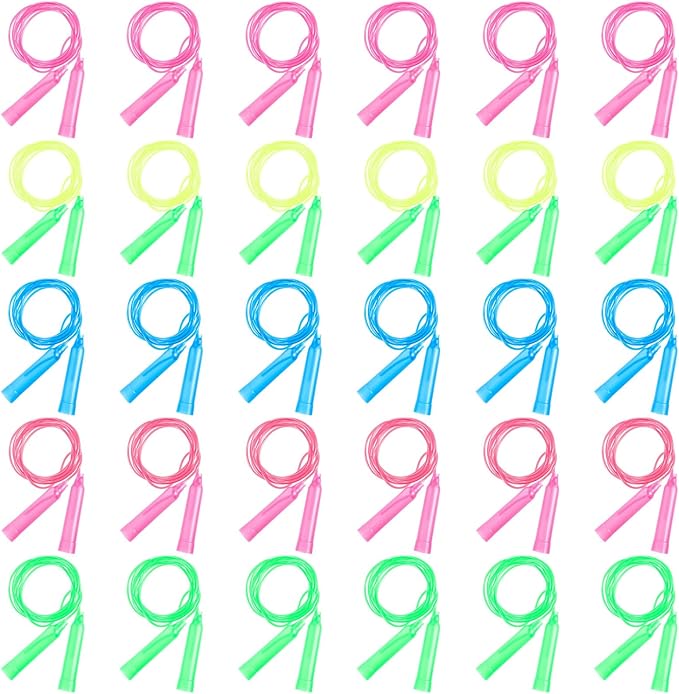 30Pcs Colorful Jump Ropes Bulk Plastic Jump Ropes for Kids 7.5 Ft Adjustable Skipping Jumping String for Kids 6-12Years, Outdoor Fun Exercise Fitness Activities Birthday Reward Gift