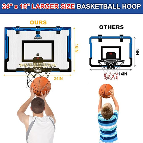24" x 16" Large Basketball Hoop Indoor for Adults, Over The Door Basketball Hoop with Electronic Scoreboard/LED Rim, Big Basketball Toys Gifts Ideas for Man Kids Teens Boys Girls, Blue