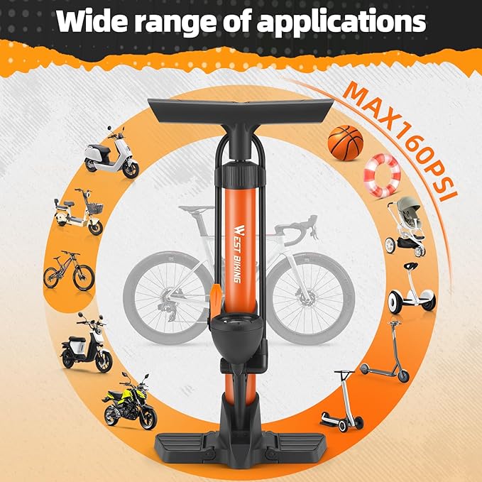 Bike Floor Pump, Bikes Pump with Gauge,Bicycle Air Pump with High Pressure 160 Psi, BikeTire Pump with Presta Schrader Valves，Portable Hand Pump Bike, Fits Road Bikes MTB E-Bike, Ball