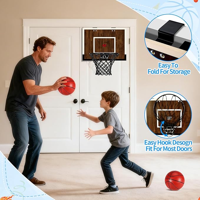 Indoor Mini Basketball Hoop Set – Over The Door with Wood Backboard & Iron Rim – Includes 2 Balls & Air Pump – Anti-Shock Padding – 16"x12"x3"
