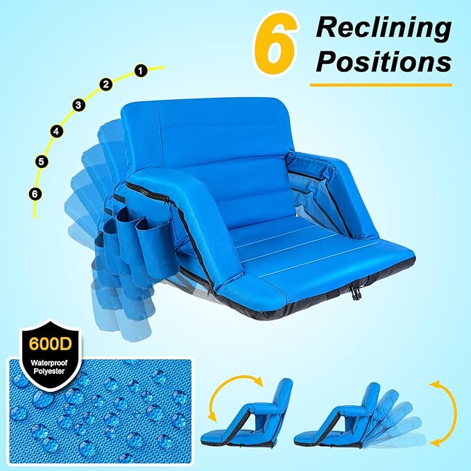 Extra Wide Stadium Seats with Back Support, Exclusive Bleacher Chairs with Back and Cushion Folding Stadium Chairs, 6 Reclining Positions Waterproof Bleacher Seats (Extra Wide|25" Blue)