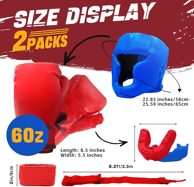 14 Pcs Boxing Set Boxing Equipment Set for Beginners Including 2 Pair of 6 oz Boxing Gloves Headgear Helmet Hand Wraps Mouth Guards Gifts for Kids Beginners Training Equipment