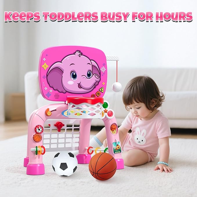 Toddler Basketball Hoop & Soccer Goal Tball Set, Kids Sport Toys with Light & Sound, Musical Activity Center Toys for 1 2 3 Years Old Girls, Christmas Birthday Gifts for Baby 12-18 Months