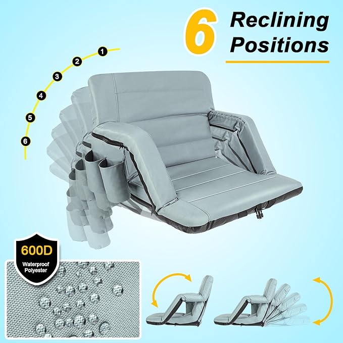 Extra Wide Stadium Seats With Back Support 2 Pack, Exclusive New Bleacher Chairs With Back and Cushion Folding Stadium Chairs, 6 Reclining Positions Waterproof Bleacher Seats (Extra Wide|25" Grey)