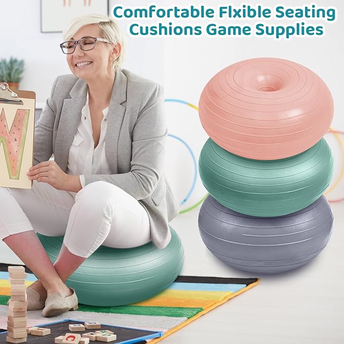 Lewtemi 6 Pcs Flexible Seating for Classroom Elementary 20 Inch Yoga Ball Chairs Large Inflatable Donut Exercise Ball Chair Stability Balance Trainer with Inflator for Kids Student(Morandi Color)