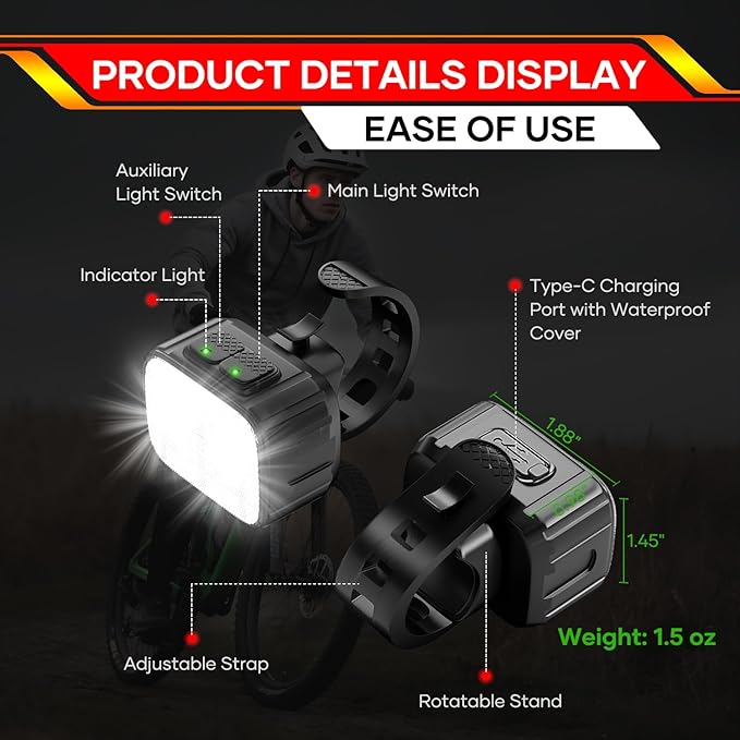 Bike Lights 3 Set, Rechargeable Bicycle Light Super Bright 8+12 Modes, IPX6 Waterproof Bike Lights for Night Riding Cycling Safety, Front and Rear Back Taillight, Long Battery Life