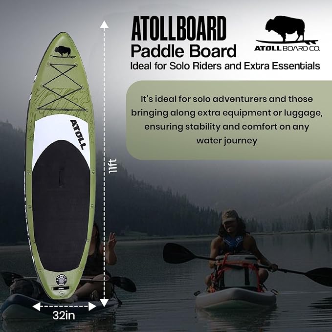 Atoll Inflatable Stand Up Paddle Board ISUP, Bravo Hand Pump and 3 Piece Paddle, Travel Backpack and Accessories New Leash Included Two Sizes - 11ft and 9ft