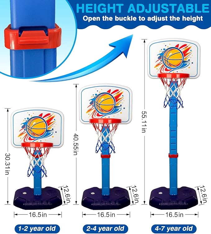 Toddler Basketball Hoop Set,Adjustable Kids Basketball Goal with 3 Balls & 2 nets & Pump,Indoor Outdoor Poolside Mini Hoop Toy for Boys Girls Ages 1-6 Birthday