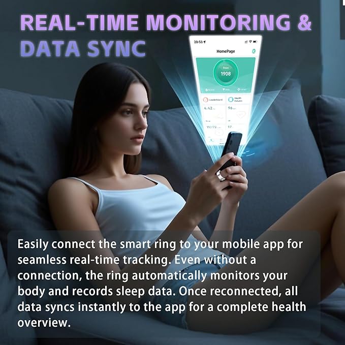 Smart Ring Health Tracker, Fitness Tracker Ring for Women Men, Monitoring of Pedometer, SpO2, Sleep Quality, Heart Rate, No Subscription Fee, Sport Rings for iOS & Android (Silver 7)