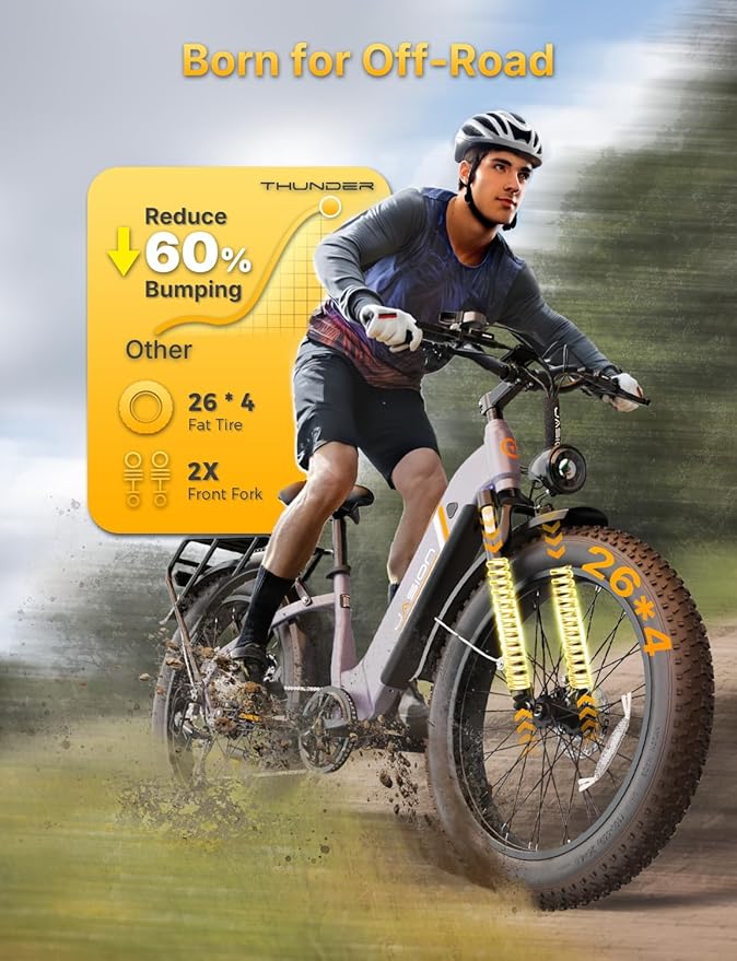 Jasion Thunder Electric Bike, 1500W Peak Motor, 30+MPH Max Speed & 80 Miles with 486Wh Removable Battery, APP Control Ebike for Adults, Hydraulic Brakes, Front Suspension, 26'' x 4'' Fat Tire Bicycles