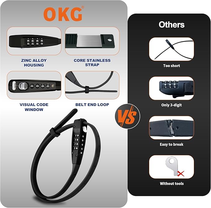 OKG 4-Digit Combination Zip Tie Lock - 2.3 Foot Extended Stainless Steel Adjustable Cable Lock with Anti-Scratch Protection- Secure Bikes, Helmets, Skis, Kayak, Luggage, and Fence Gate Doors (Black)