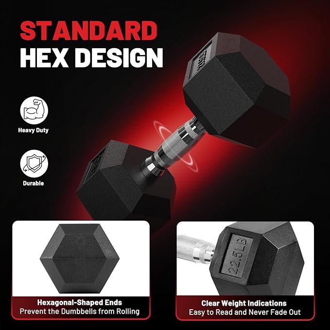 PAPABABE Dumbbell Set with Rack, Rubber Encased Hex Dumbbell Free Weights Dumbbells Set with Storage Rack, Home Weight Set