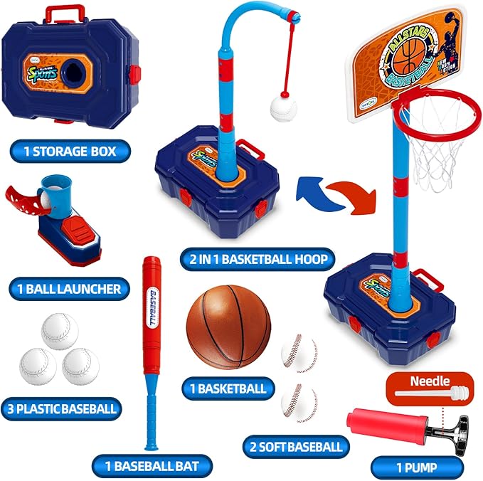 4 in 1 Basketball Hoop for Kids 1-3, 3-5, Toddler Basketball Goal and T Ball Set, Adjustable Basketball Hoop, Indoor Outdoor Sports Toys, Birthday Gifts for Kids Boys 1 2 3 4 5 Years Old