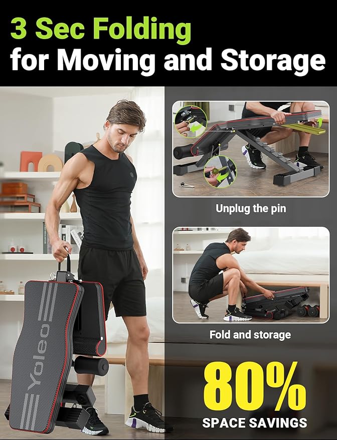 Yoleo Adjustable Weight Bench for Full Body Workout, Foldable Bench Press Bench of Home Gym Strength Training, Incline Decline Flat Utility Workout Bench with Quick Folding& Fast Adjustment