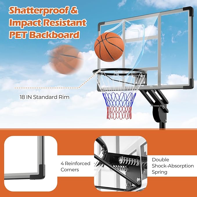 GYMAX Basketball Hoop Outdoor, 4.9-10 FT Quick Adjustable Basketball Hoop with Shatterproof Backboard, Fillable Base & Weight Bag, Basketball Goal for Kids Teens Adults