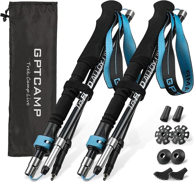 GPTCAMP Walking Sticks Collapsible Hiking Poles,Lightweight Trekking Poles Made of Carbon -Aluminum,2pc Folding Halking Stick for Men & Women,with Extra-Long Foam Handle and Flip Lock,Blue