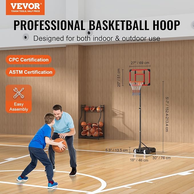 VEVOR Basketball Hoop/Rim, Adjustable Height Portable Backboard Court, Basketball Goal, Mobile Stand with Wheels Weighted Base, Youth&Adults, Outdoor/Indoor