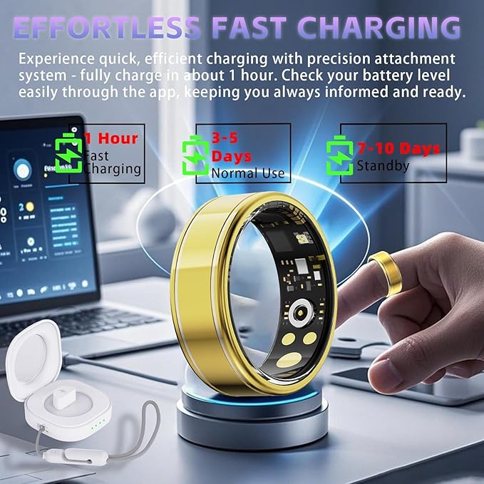 Health Fitness Tracker Ring for Women Men – Smart Ring with Heart Rate, SpO2, Blood Pressure, Sleep Monitoring with Charging Case,Remote Photography, Family Care, No Subscription Fee (Gold 11)