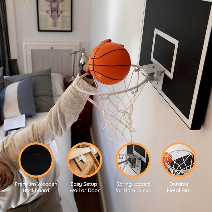 CALIKIWIPROS Mini Basketball Hoop Set Pro League Decorative Solid Wood Wall Mount, Includes 9’ Hoop & 5 mini Basketballs, Classic Look with Colors Matching Some pro Teams.