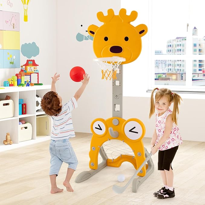 Costzon Toddler Basketball Hoop, 4-in-1 Kids Sports Activity Center with Rim, Soccer Goal, Golf, Ring Toss, Height Adjustable Kids Basketball Hoop with Fillable Base for Indoor Outdoor (Yellow Deer)