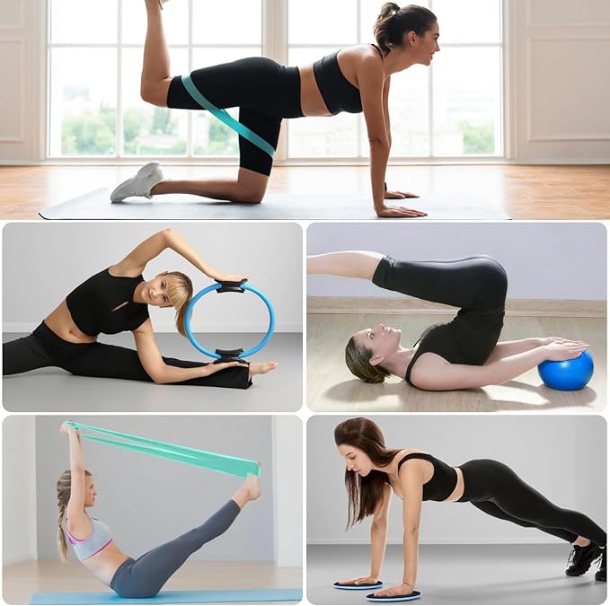 Pilates Ring Set, Pilates Essentials Kit for Home Workouts Women, Yoga Equipment Set with 14 Inch Magic Circle, 9.8” Ball, 5 Resistance Bands, 3 Long Stretch Bands, Core Sliders, Non-slip Socks