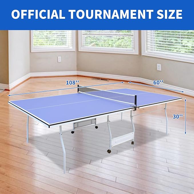 Ping Pong Table Foldable Table Tennis Table with Net, Table Tennis Paddles and Balls, 4.5FT/6FT/9FT MDF Multi-Use Family Game Table for Kid Teenager Adult, Compact & Portable