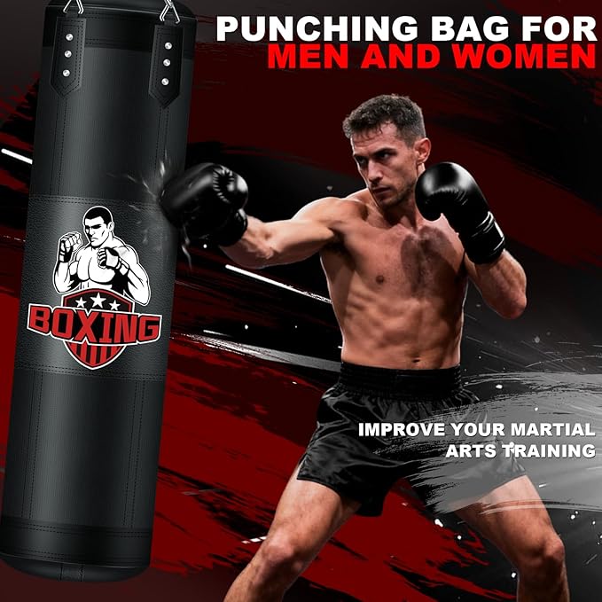 Punching Bag for Adults, 4FT PU Heavy Boxing Bags with Chain Ceiling Hook, Hanging Boxing Bag for Kickboxing Muay Thai Karate Judo Taekwondo Home Gym Training, Unfilled