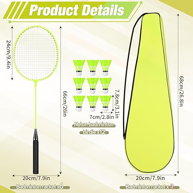 6 Packs Badminton Rackets Set Include 6 Lightweight Rackets 12 Nylon Plastic Shuttlecocks 3 Carrying Bags for Summer Outdoor Backyard Games Sports Beginners Adults