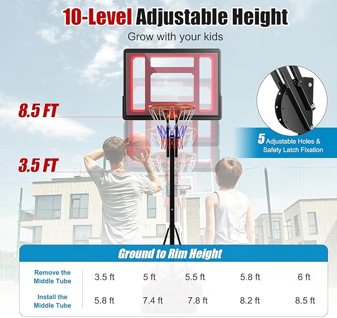 GYMAX Portable Basketball Hoop, 5 FT to 10 FT Adjustable Basketball Goal with 10 Heights, All Weather Basketball Stand System with Weight Bag & Wheels, for Youth Adult, Indoor Outdoor Pool, Court