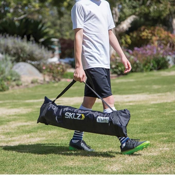 SKLZ Quickster Soccer Goal - Portable Goal for Backyard & Field - Durable Tension-Tite Frame & Heavy Gauge 2-Ply Net - Adjustable Click-Lock Poles, Metal Stakes - Carrying Case with Handle