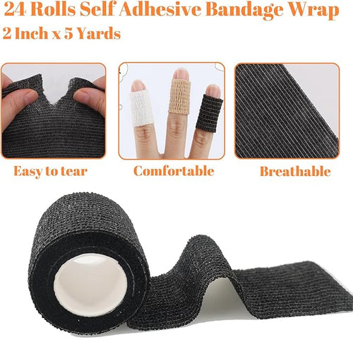 24 Rolls Self Adhesive Bandage Wrap, Vet Wrap 2 Inch, Dogs Bandages for Wounds Care Dressings, Elastic Self Stick Cohesive Bandage Wrap, Leg Wraps, Wrist Tape, Ankle, Sports, Tatto Grip Tape (Black)