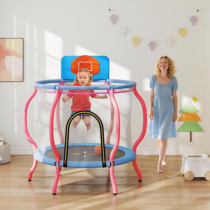 Goplus 48" Kids Trampoline, Indoor & Outdoor Toddler Trampoline with Basketball Hoop, Wide Backboard & Tall Enclosure Net, Kids Activity Center for Boys Girls 3-6, Max Load 330 lbs