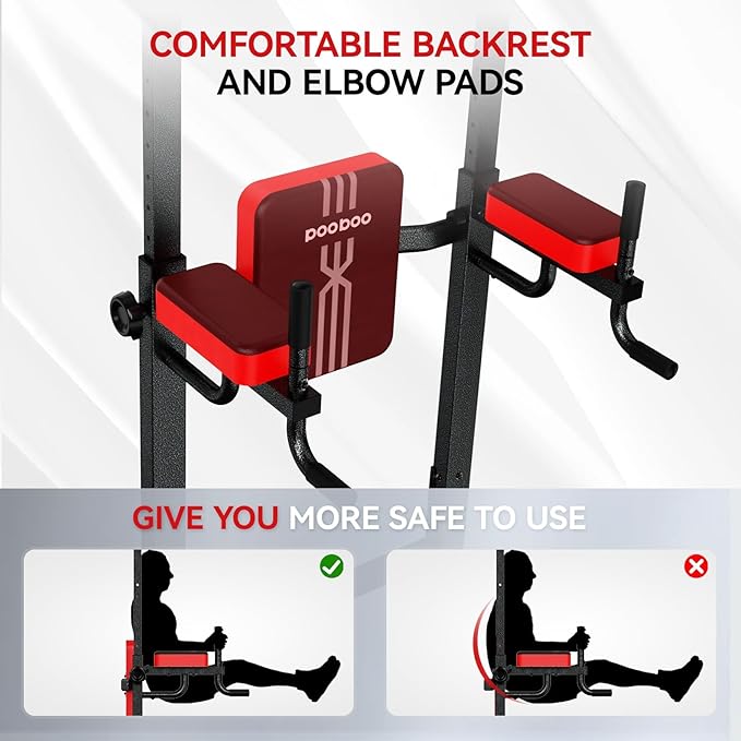 Pooboo Power Tower Dip Station Pull Up Bar for Fitness Home Gym Workout,Multi-Function Adjustable Height Fitness Strength Training Exercise Equipment,with Power Elastic Ropes