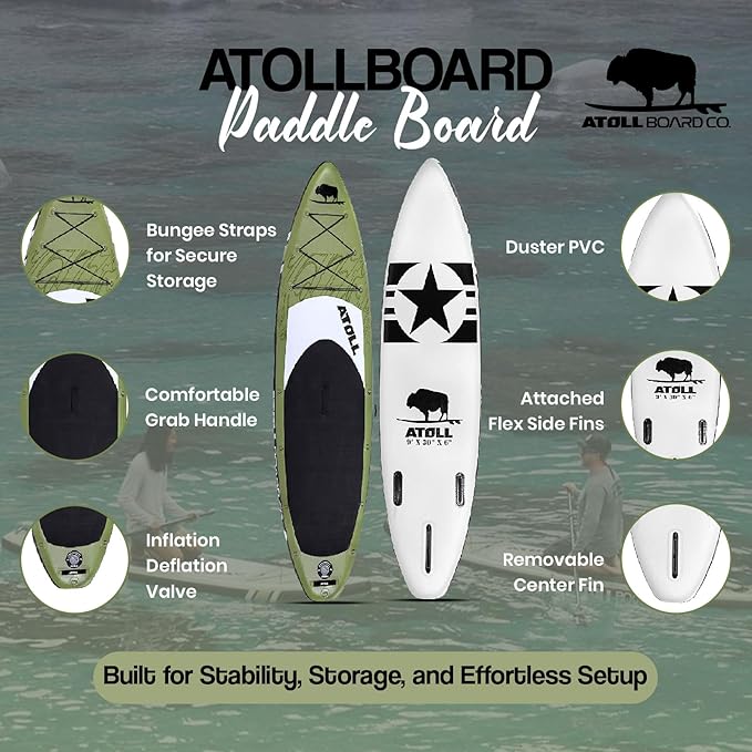 Atoll Inflatable Stand Up Paddle Board ISUP, Bravo Hand Pump and 3 Piece Paddle, Travel Backpack and Accessories New Leash Included Two Sizes - 11ft and 9ft