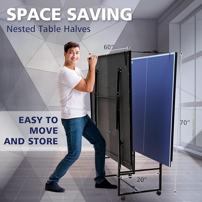 Folding Rolling Table Tennis Table Regulation Ping Pong Table with 2 Paddles 2 Balls 1 Net and Post Set Fold-Up Design 4 Wheels for Easy Movement, BLUE
