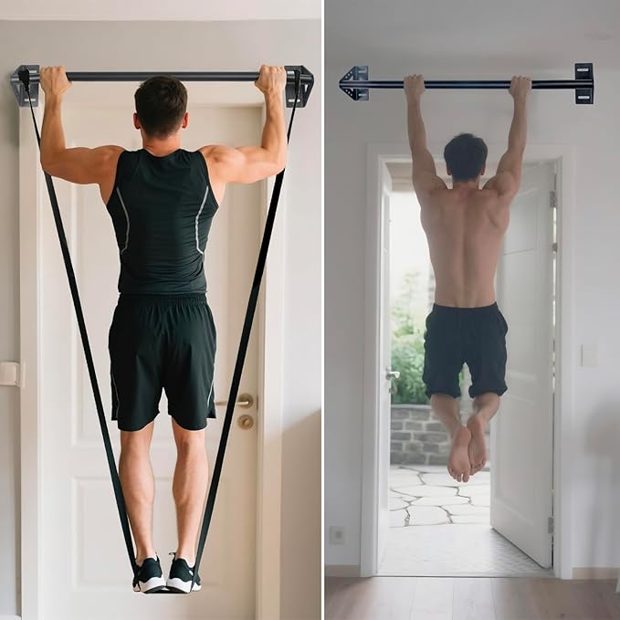 Wall Mounted Heavy Duty Pull Up Bar Doorway With Assist Band, Strength Training Pullups Bar for Doorframe, Thick Metal Sturdy Wall Hanging Bar, Wood Beam or Joist Mount Chin Up Bars 500 lbs
