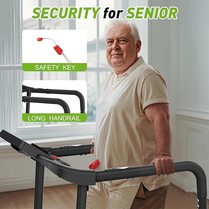Treadmills for Seniors, Treadmills for Home with Handrails, Dual Shock Absorption, 300 LBS Capacity, Heart Rate Monitor, Bluetooth App Control, Ideal Treadmill for Elderly & Family Use