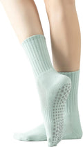 Yoga Pilates Socks with Grips for Women Non Slip Solid Colored Fleece Cushioned Mid Calf Crew Socks for Barre Ballet Dance