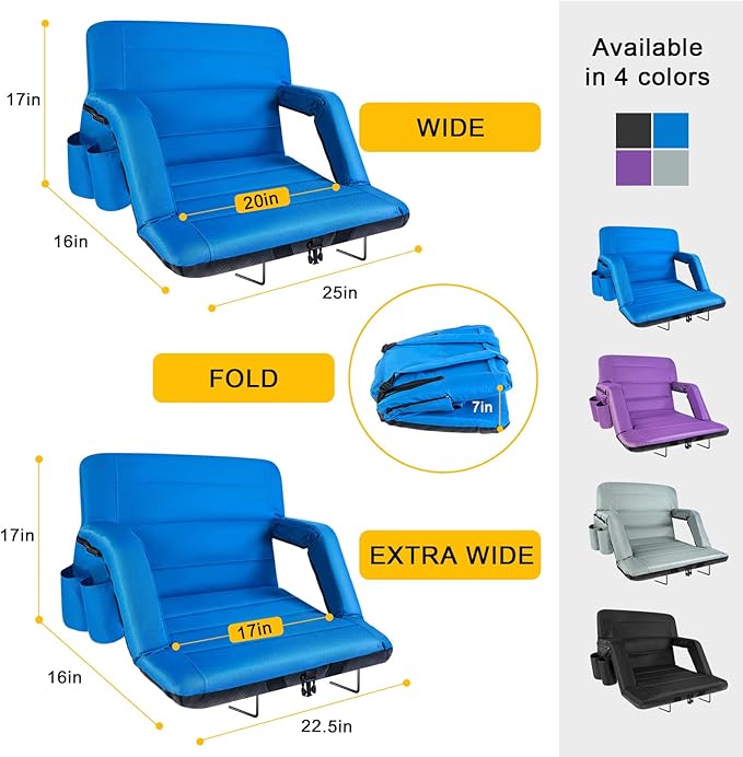 Extra Wide Stadium Seats with Back Support 2 Pack, Bleacher Chairs with Back and Cushion Folding Stadium Chairs, 6 Reclining Positions Waterproof Bleacher Seats (Extra Wide|25" Blue)