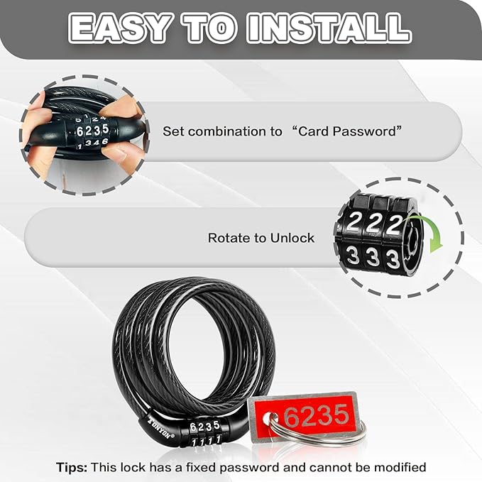 Bike Lock Cable, Bike Accessories Bicycle Lock, Bike Locks Heavy Duty Anti Theft, Combination Cable Lock for Outdoor Equipment, Black (1 Pcs, 3Ft, Preset Combo)