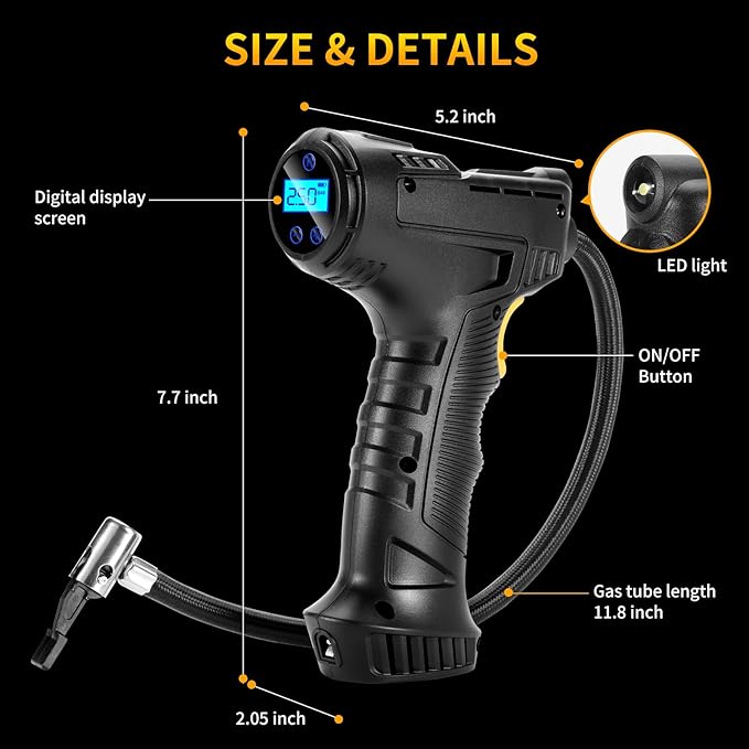 150PSI Portable Air Compressor for Car Tires – Digital Tire Inflator with LED Flashlight, 12V Auto Pump for Cars, Motorcycles, Bikes, and Sports Balls