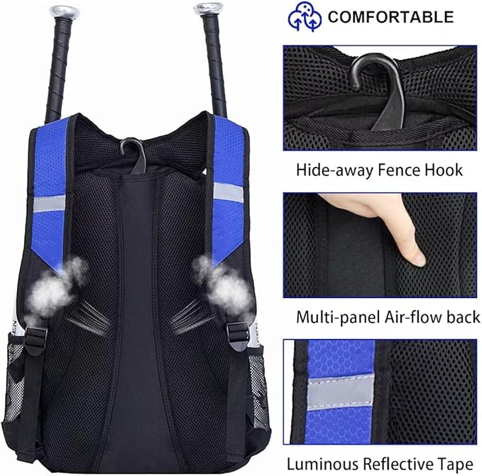 Baseball Bag Softball Backpack - Youth Adult T Ball Bat Equipment Bag with Bat Helmet Holders, Shoe Compartment