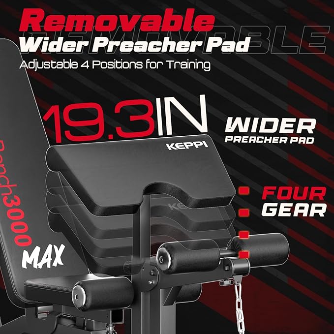 KeppiFitness Adjustable Weight Bench, Bench3000 MAX Heavy Duty Workout Bench Press with Leg Extension and Preacher Pad for Home Gym Fitness, Flat Incline Decline Sit Up Bench