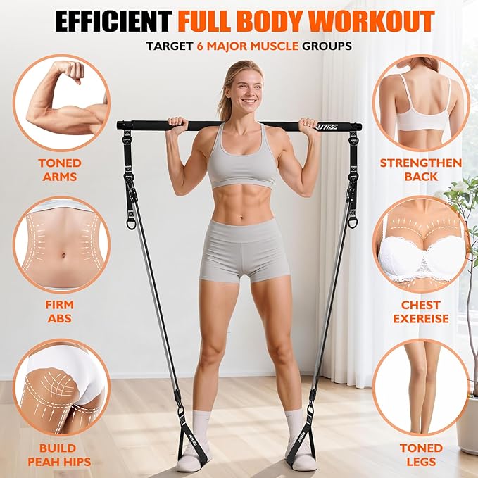 Pilates Bar Kit with Resistance Bands, Pilates Equipment, Multifunctional Pilates Bar for Women & Men, Pilates kit for Hip, Back, Arm, Full-Body Workouts, Home Gym Strength Training Equipment