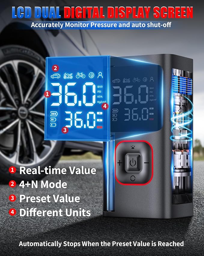 Tire Inflator Portable Air Compressor Cordless Tire Air Pump for Car 150PSI Mini Smart Inflator Fast Inflation and Auto Shutoff with Digital Pressure Gauge LED Light USB Port for Bike Motorcycle Ball