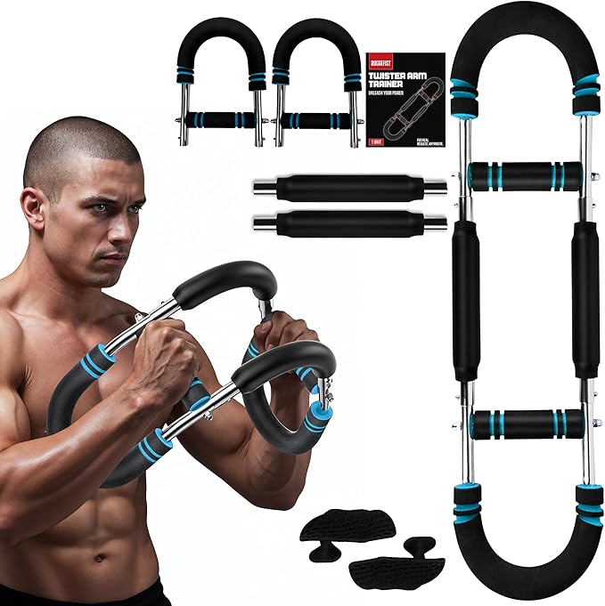 Arm Twister Trainer, Adjustable 3 Resistance Levels (60–100 lbs) with 1 Pair of Silicone Gym Grips Pads, Home Gym Fitness Equipment Chest, Arms, Shoulders & Forearms Portable Exerciser