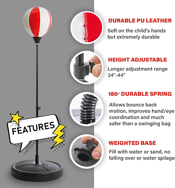 Whoobli Punching Bag for Kids and Toddler Incl Boxing Gloves| 3-10 Years Old Adjustable Kids Punching Bag with Stand| Sports Toy for Boys| Ideal Christmas Birthday Gift for Children